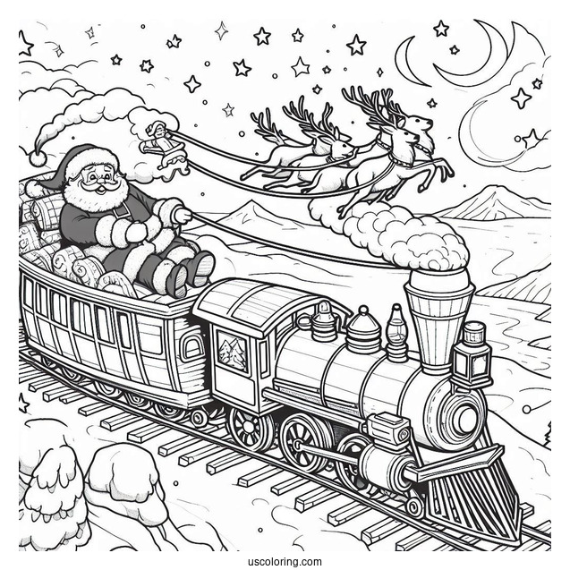 Polar Express Coloring Page Of Santa Claus On His Sleigh Flying Over The North Pole