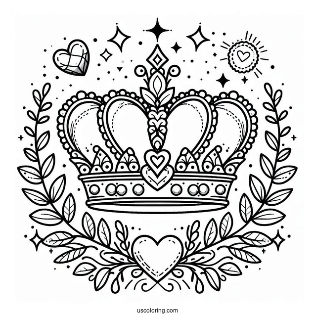 Pretty Crown Coloring Page With Heart Shaped Jewels For Kids