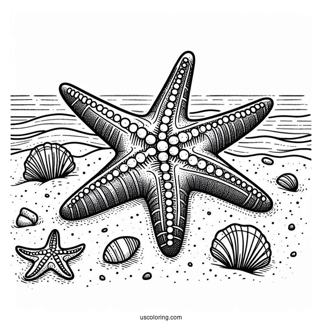 Easy Starfish Coloring Page On The Sand for Kids