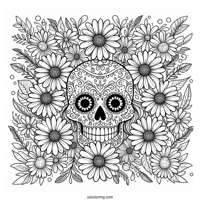 Sugar Skulls Coloring Page Surrounded By Daisies And Leaves