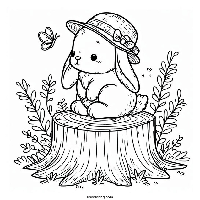 Rabbit Coloring Page With A Hat Sitting On A Tree Stump