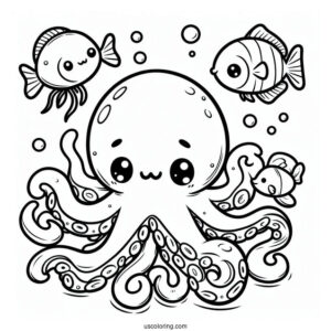 Chibi Octopus Coloring Page Swimming With Fish