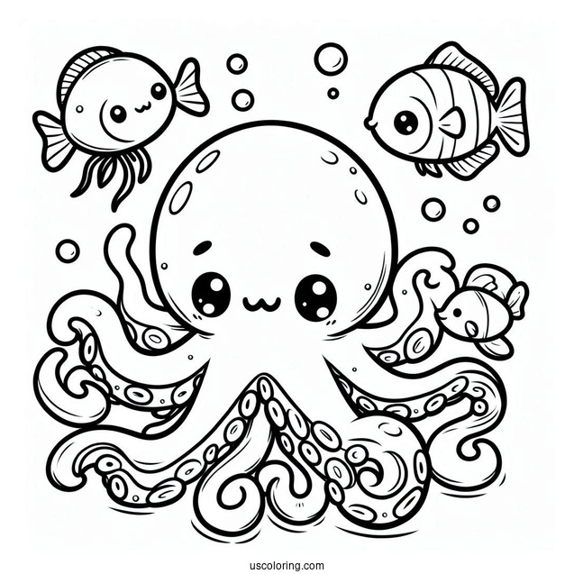 Chibi Octopus Coloring Page Swimming With Fish