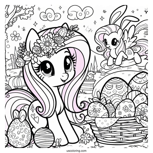 Coloring Sheet of Fluttershy With Easter Eggs and Bunny