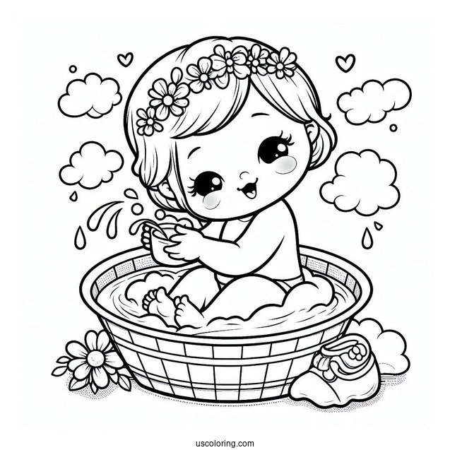 Beautiful Baby Coloring Page Playing In A Basin