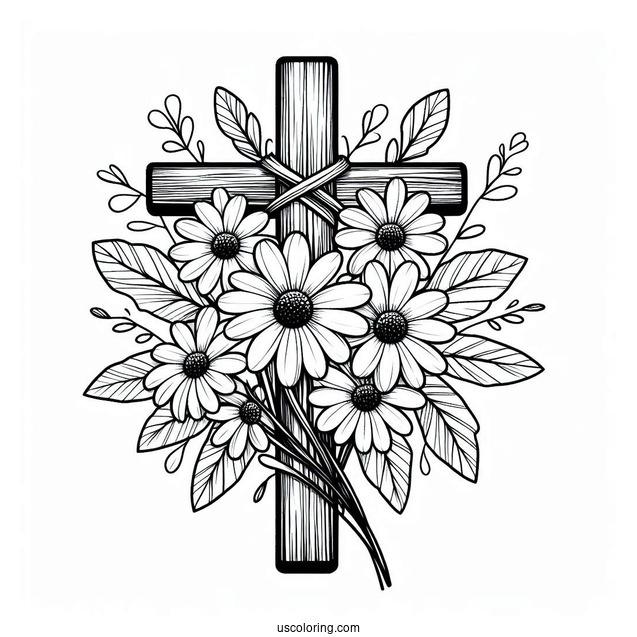 Daises Over A Wooden Cross Coloring Page In Nature For Kids