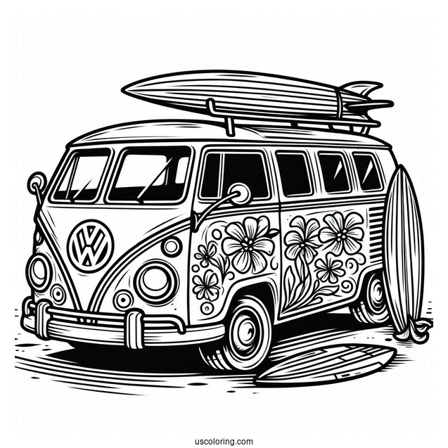 Volkswagen Van With Surfboard Summer Coloring Page