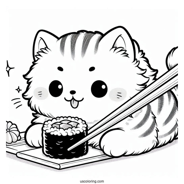 Fluffy Cat Eating Sushi Coloring Pages With Chopsticks For Kids