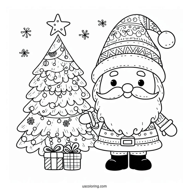 Santa Claus With Christmas Tree Coloring Page