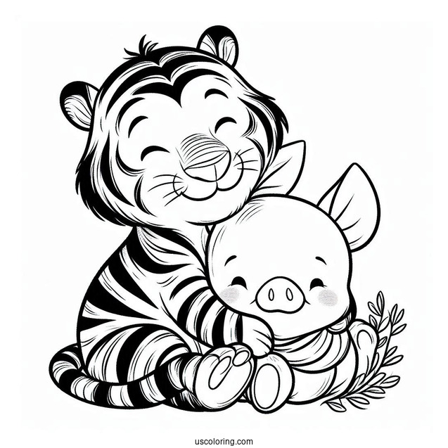 Tiger Hugging Piglet Coloring Page