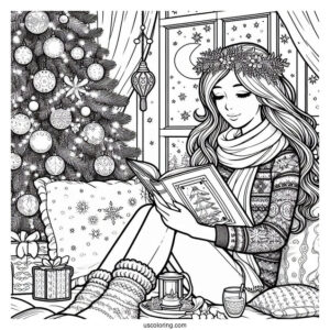 Christmas Coloring Pages For Adults Of Woman Reading Book Beside Window On Christmas Day