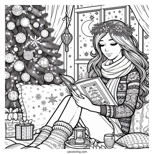 Christmas Coloring Pages For Adults Of Woman Reading Book Beside Window On Christmas Day