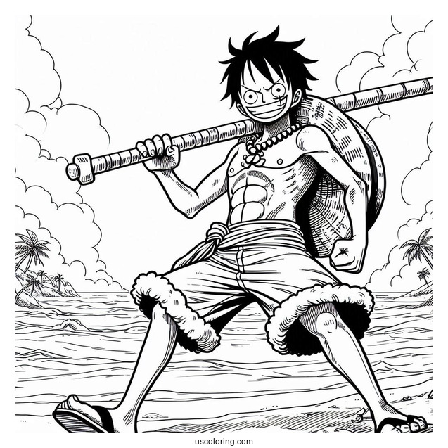 One Piece Coloring Page Of Monkey D. Luffy On Beach