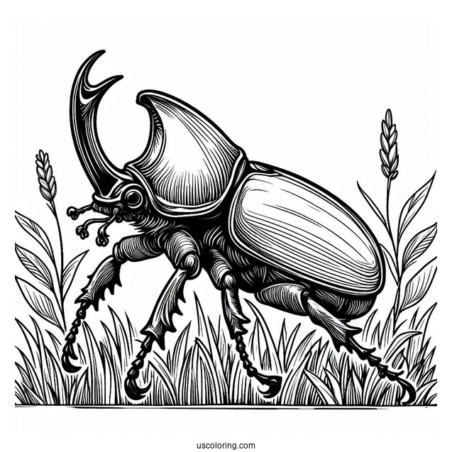 Detailed Hercules Beetle Coloring Page On The Grass
