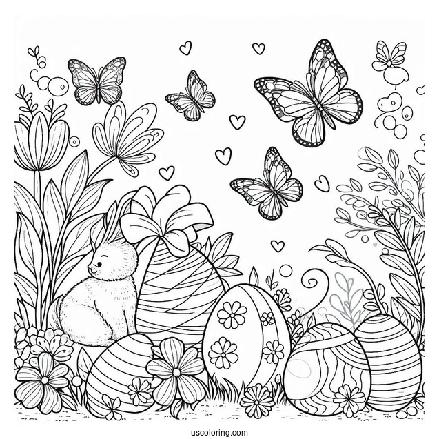 Happy Easter Coloring Page In Garden With Butterflies For Kids