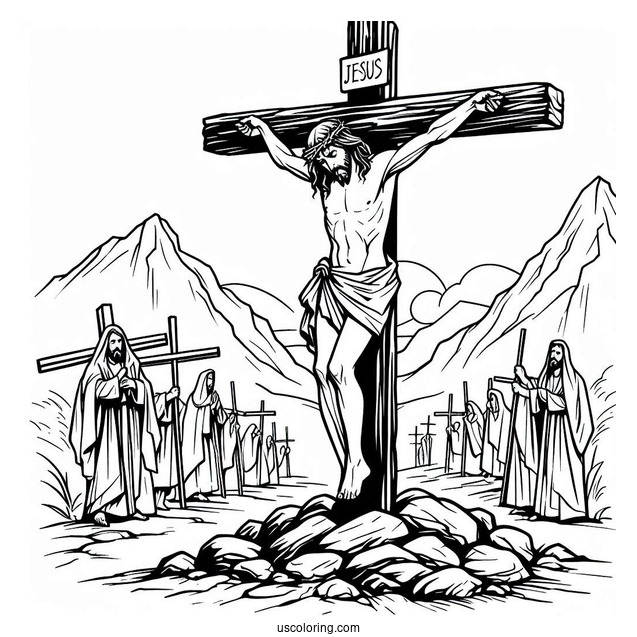 Simple Outline Of Jesus With Calvary Crosses Coloring