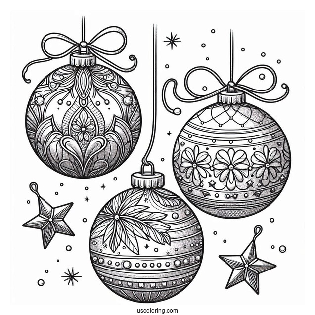 Full Page Realistic Baubles Christmas Ornaments Coloring Page