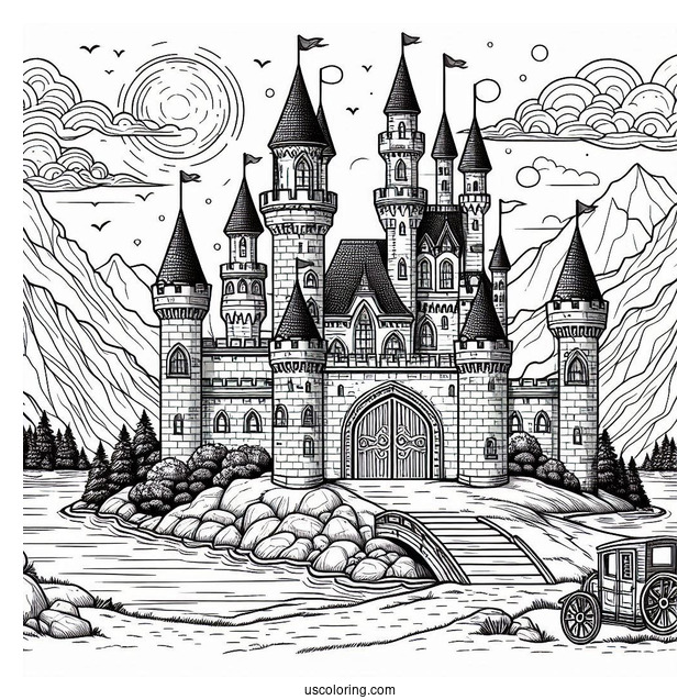 Castle Coloring Page With Moat In The Mountains