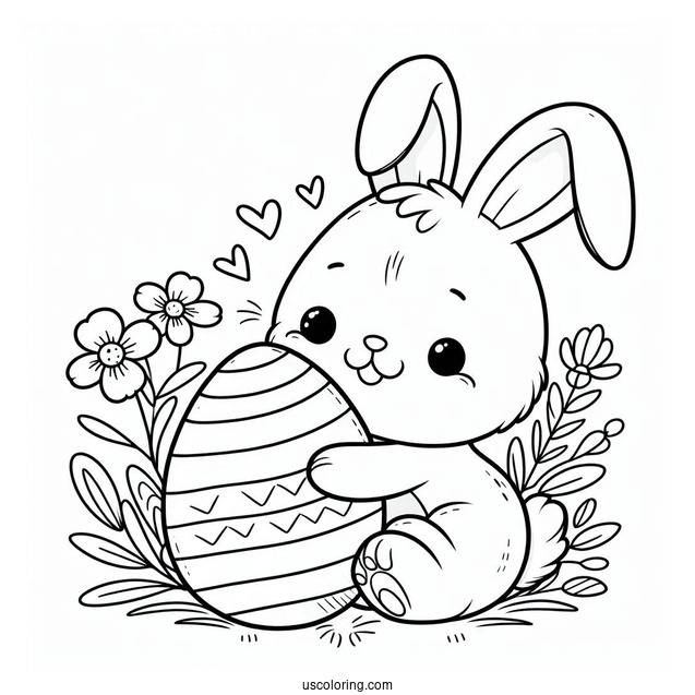 Happy Easter Bunny Coloring Page Hugging Egg