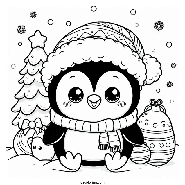 Christmas Baby Smiling Penguin Coloring In