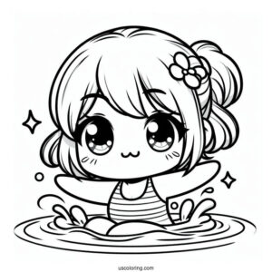 Kawaii Chibi Kids Swimming Coloring Page In The Pool For Kids