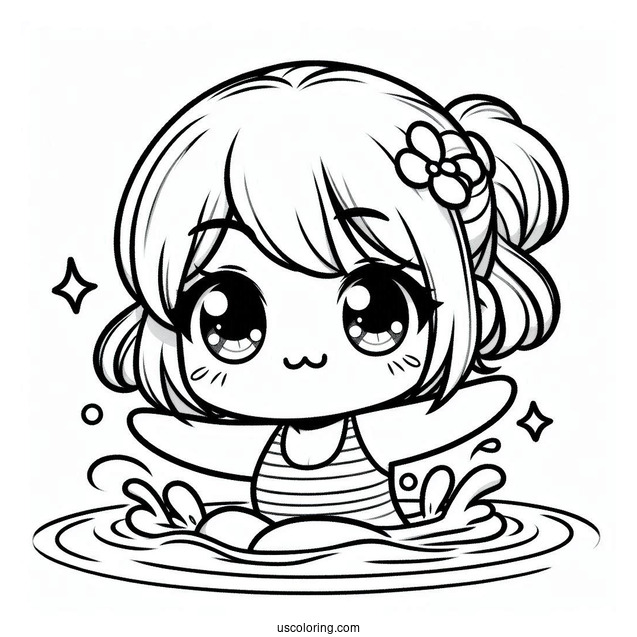 Kawaii Chibi Kids Swimming Coloring Page In The Pool For Kids