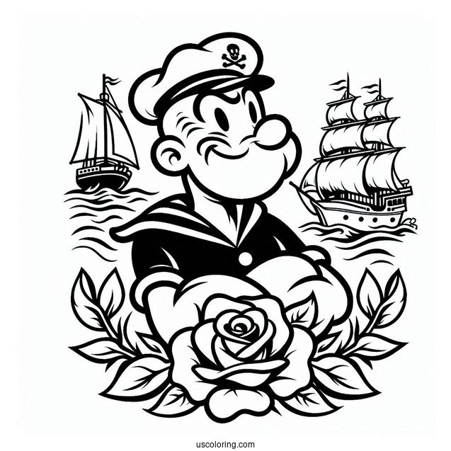 Popeye Coloring Page The Sailor Man Logo With Ship And Roses