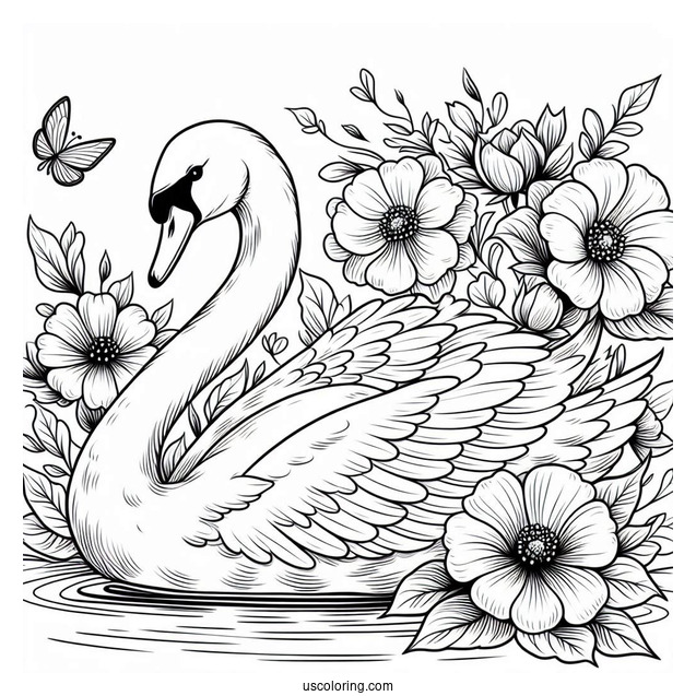 Regal Swan Coloring Page Floating In Pond With Large Flowers