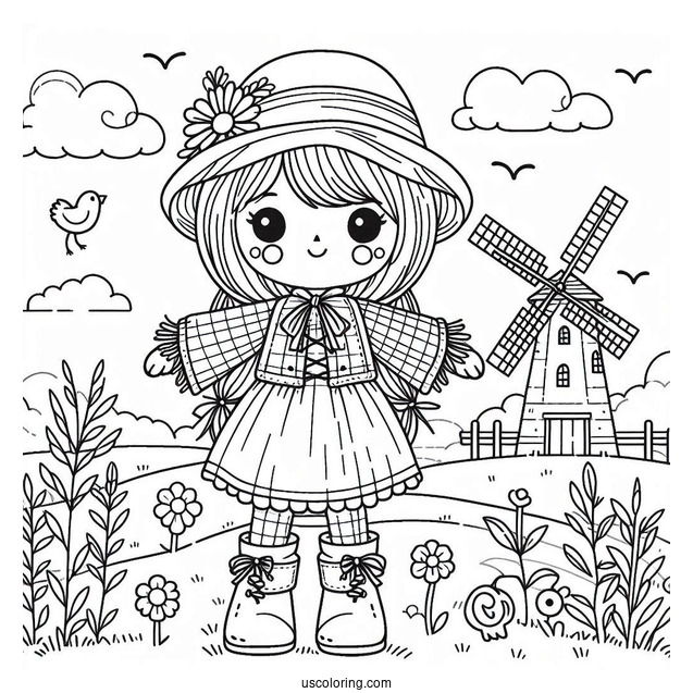 Cute Scarecrow Coloring Page With A Windmill At The Back