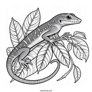 Lizard Coloring Page of Green Anole Lizard Camouflaging With Leaf