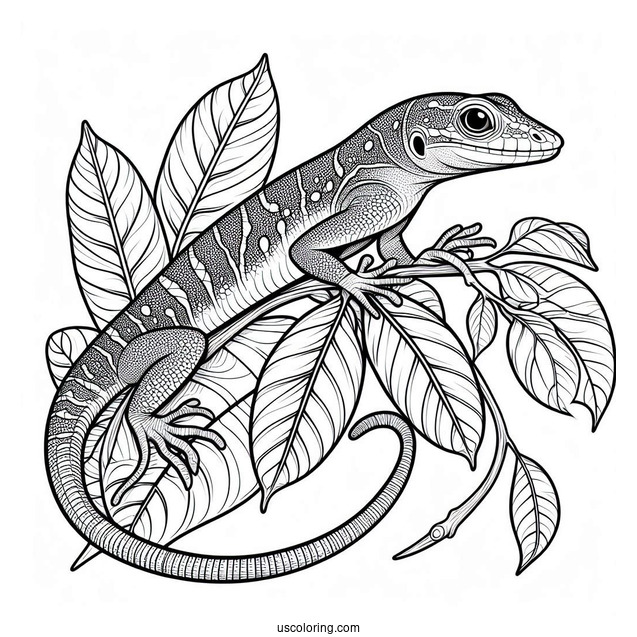 Lizard Coloring Page of Green Anole Lizard Camouflaging With Leaf