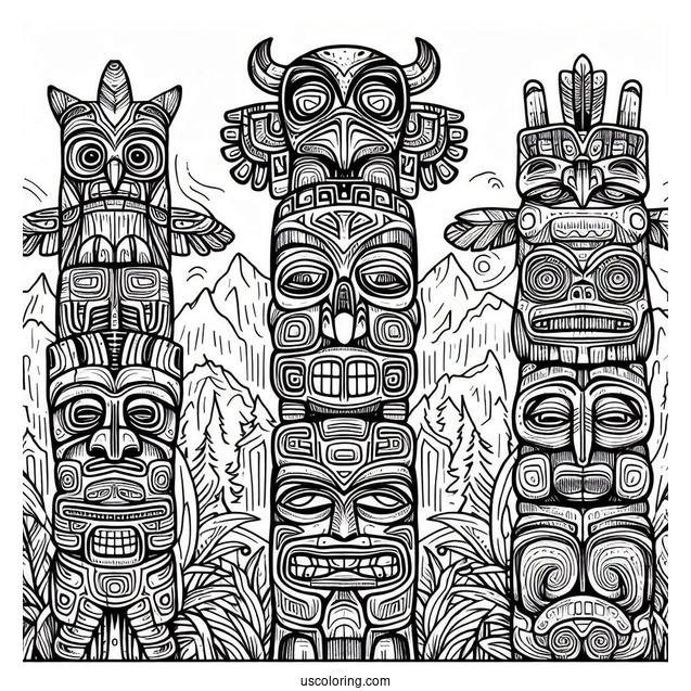Detailed Native American Coloring Page Totem Pole