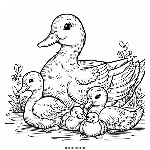 Duck Family Resting Near the Water Coloring Sheet