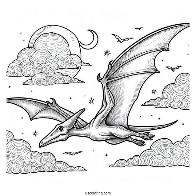 Detailed Pterodactyl Coloring Page In The Air