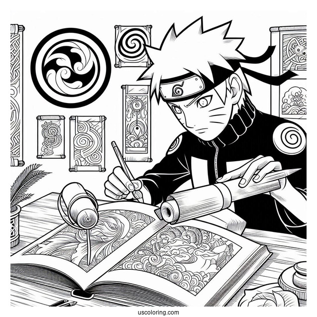 Detailed Naruto Coloring Page Studying Scroll
