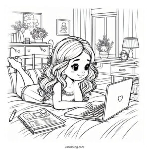 Little Girl Watching On Her Laptop While Lounging In Her Bedroom Coloring Page
