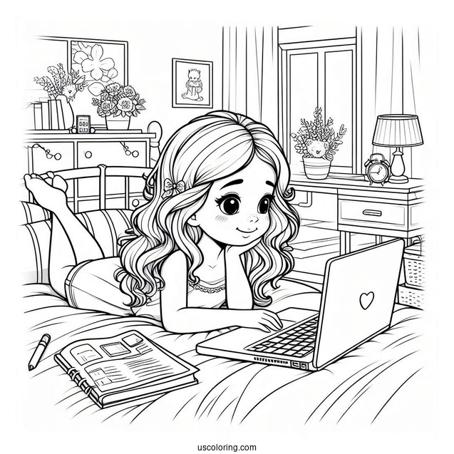 Little Girl Watching On Her Laptop While Lounging In Her Bedroom Coloring Page