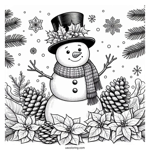 Christmas Coloring Pages For Adults Of Snowman With Top Hat Standing On Pinecones And Poinsettias