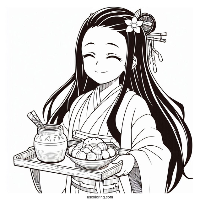 Nezuko Coloring Page And Muichiro Carring Tray Of Food