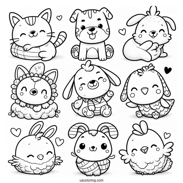 Smiling Critters Coloring Page Of CatNap, DogDay, Bobby BearHug, Bubba Bubbaphant, CraftyCorn, Hoppy Hopscotch, KickinChicken, And PickyPiggy