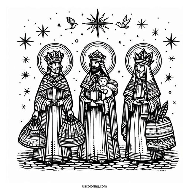 Nativity Coloring Page Of Three Kings Carrying Gifts For Jesus