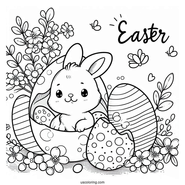 Easter Coloring Page Of Cute Easter Bunny Coming Out Of Egg