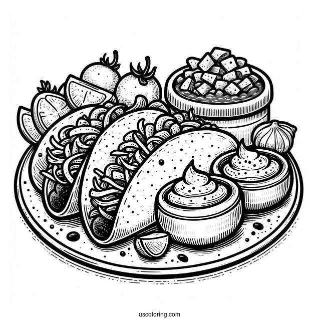 Taco Coloring Page On A Plate With Salsa
