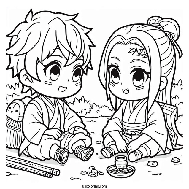 Chibi Tanjiro And Nezuko coloring Page Playing Outdoors For Kids