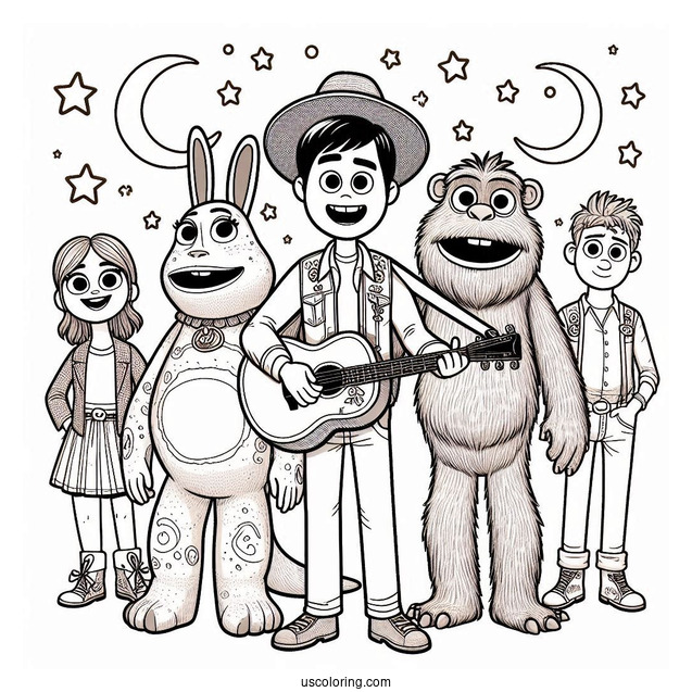 Sing Coloring Page Of Buster Moon With Rosita, Mike, Ash, Johnny, Meena, Gunter, And Eddie