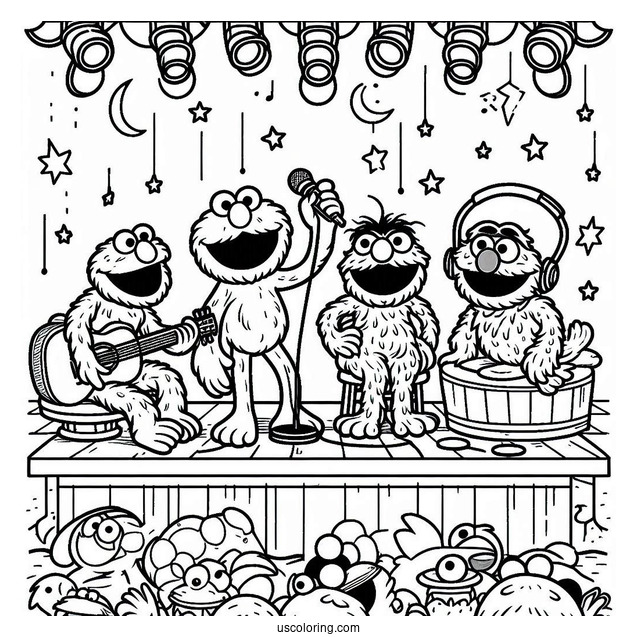 Elmo, Oscar The Grouch, Cookie Monster, And Grover On Stage