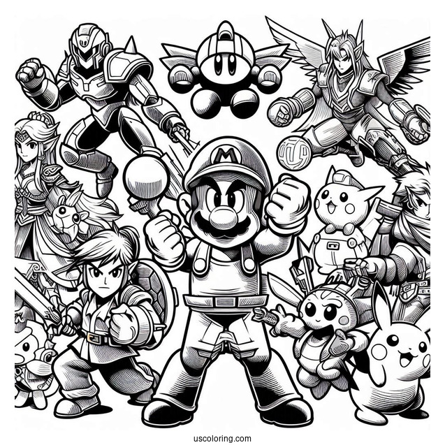 Super Smash Bros Coloring Page Of Mega Man, Dark Bowser, Zelda, Mario, Kid Icarus .Star Fox, Kirby, Donkey Kong, And Pikachu