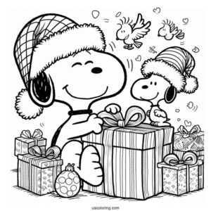 Snoopy And Woodstock Unwrapping Gifts During Christmas