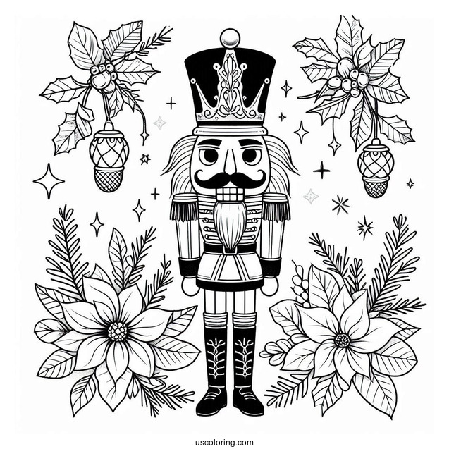 Nutcracker Coloring Page King With Mistletoes And Poinsettia