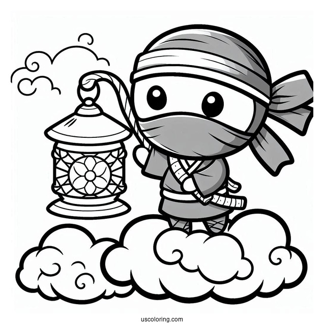 Ninja On A Cloud Holding A Lantern Coloring Sheet For Kids